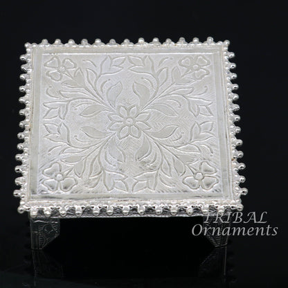 Vintage sterling silver small square table puja utensil with intricate tribal design, handcrafted by TribalOrnaments.
