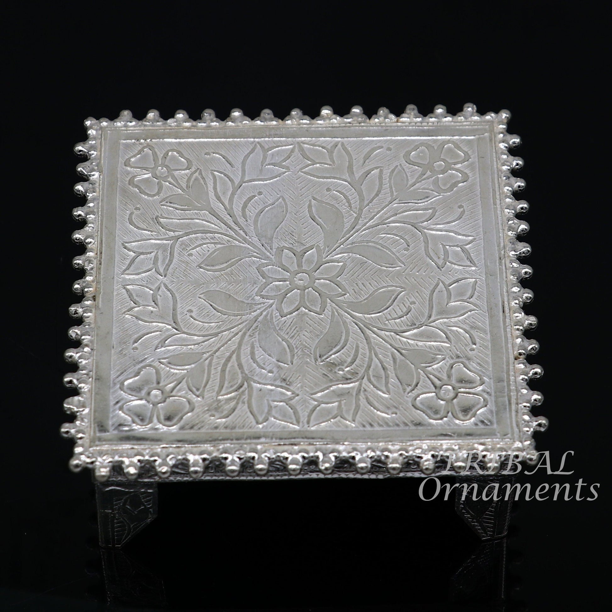 Sterling silver handmade small square puja utensil by TribalOrnaments, vintage design for home temple and religious rituals.