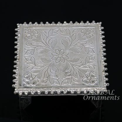 Sterling silver handmade small square puja utensil by TribalOrnaments, vintage design for home temple and religious rituals.