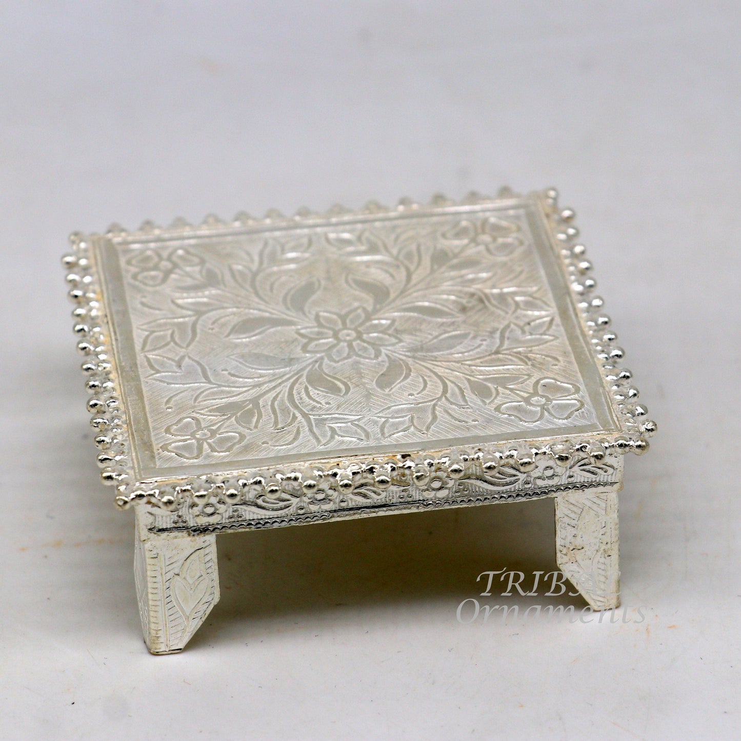 Sterling silver 2.5-inch vintage square-shaped handmade temple puja utensil for home worship, crafted by TribalOrnaments.