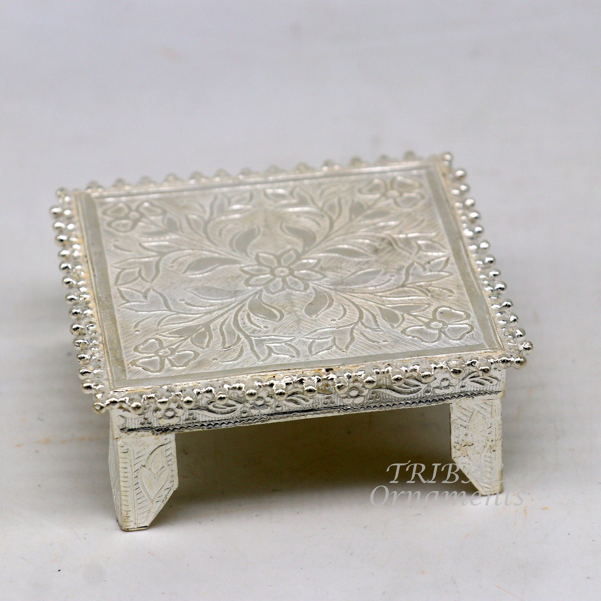 Sterling silver 2.5-inch vintage square-shaped handmade temple puja utensil for home worship, crafted by TribalOrnaments.