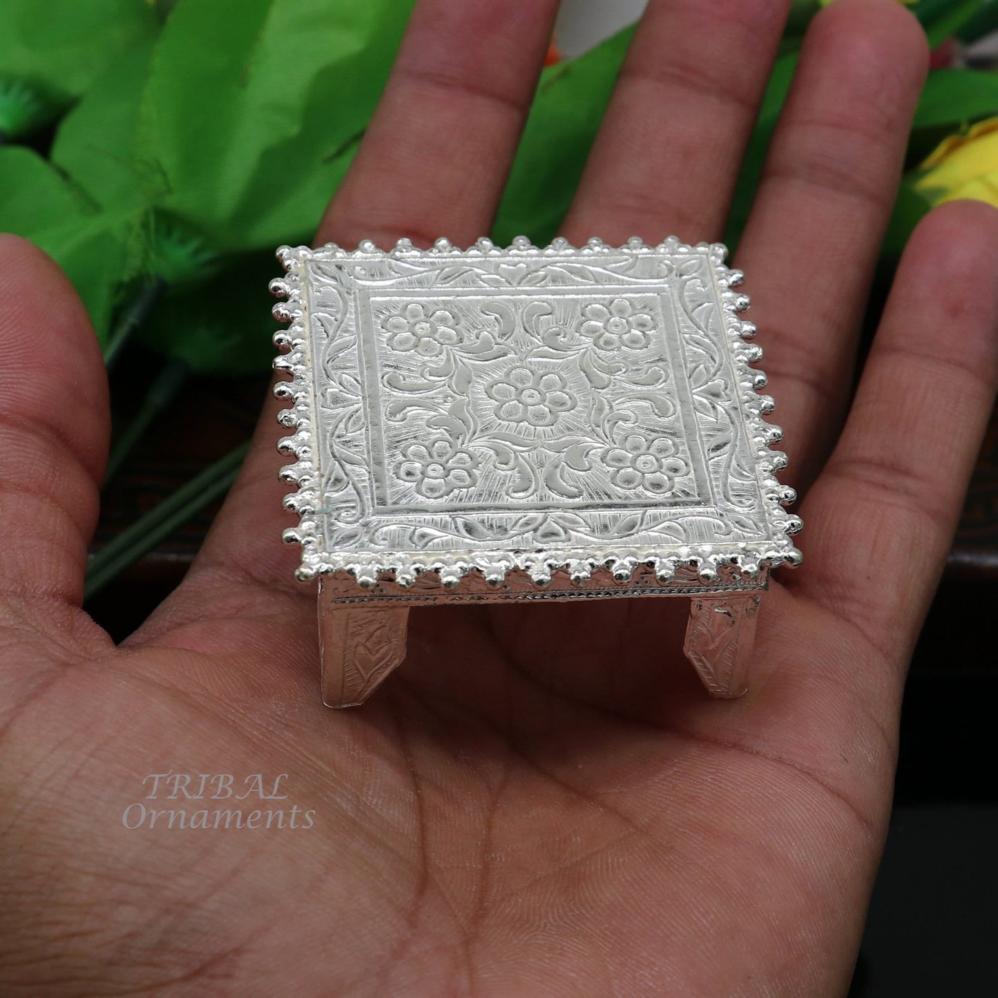 Vintage sterling silver handmade small square table puja utensil by TribalOrnaments, ideal for home temple and puja rituals.