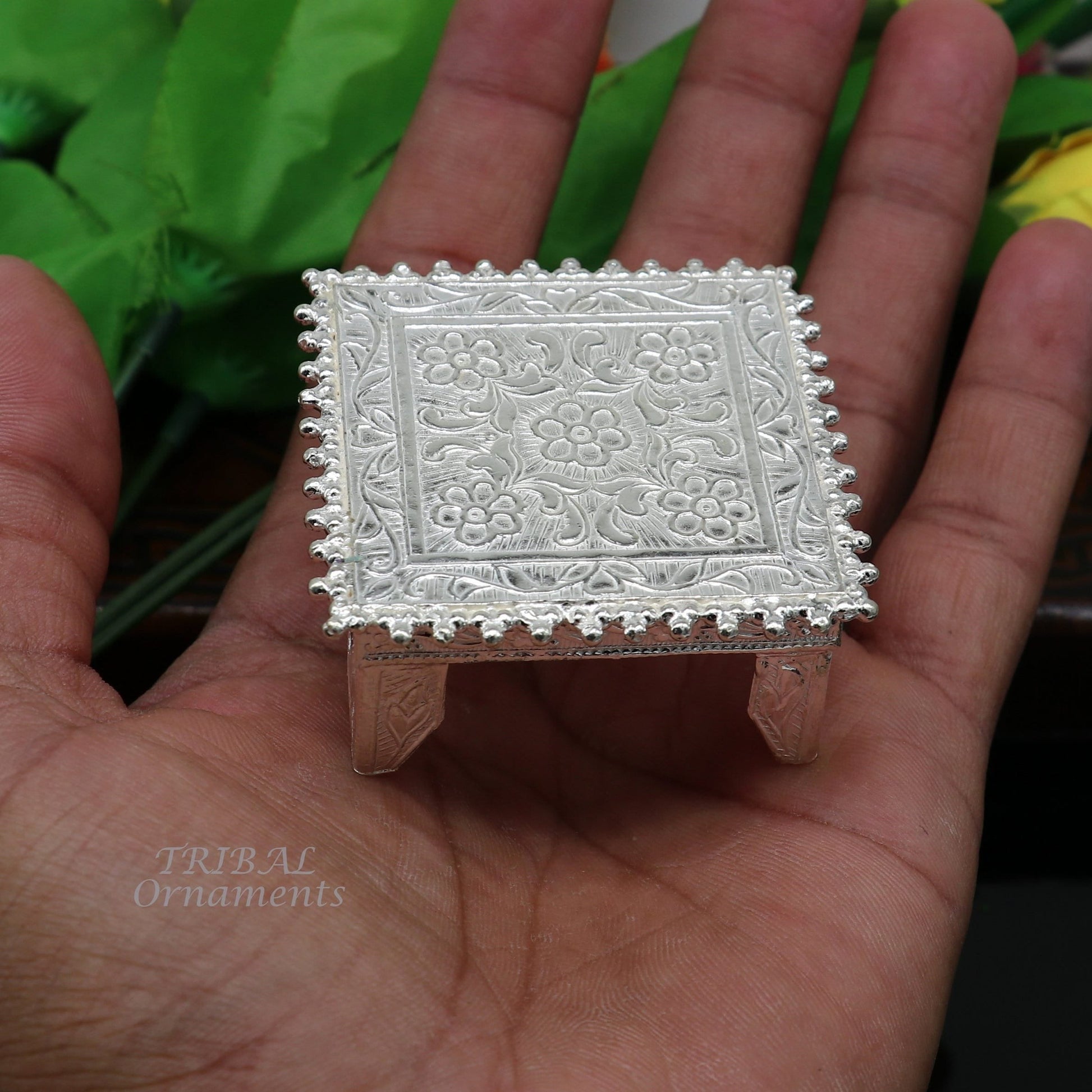 Vintage sterling silver handmade small square table puja utensil by TribalOrnaments, ideal for home temple and puja rituals.