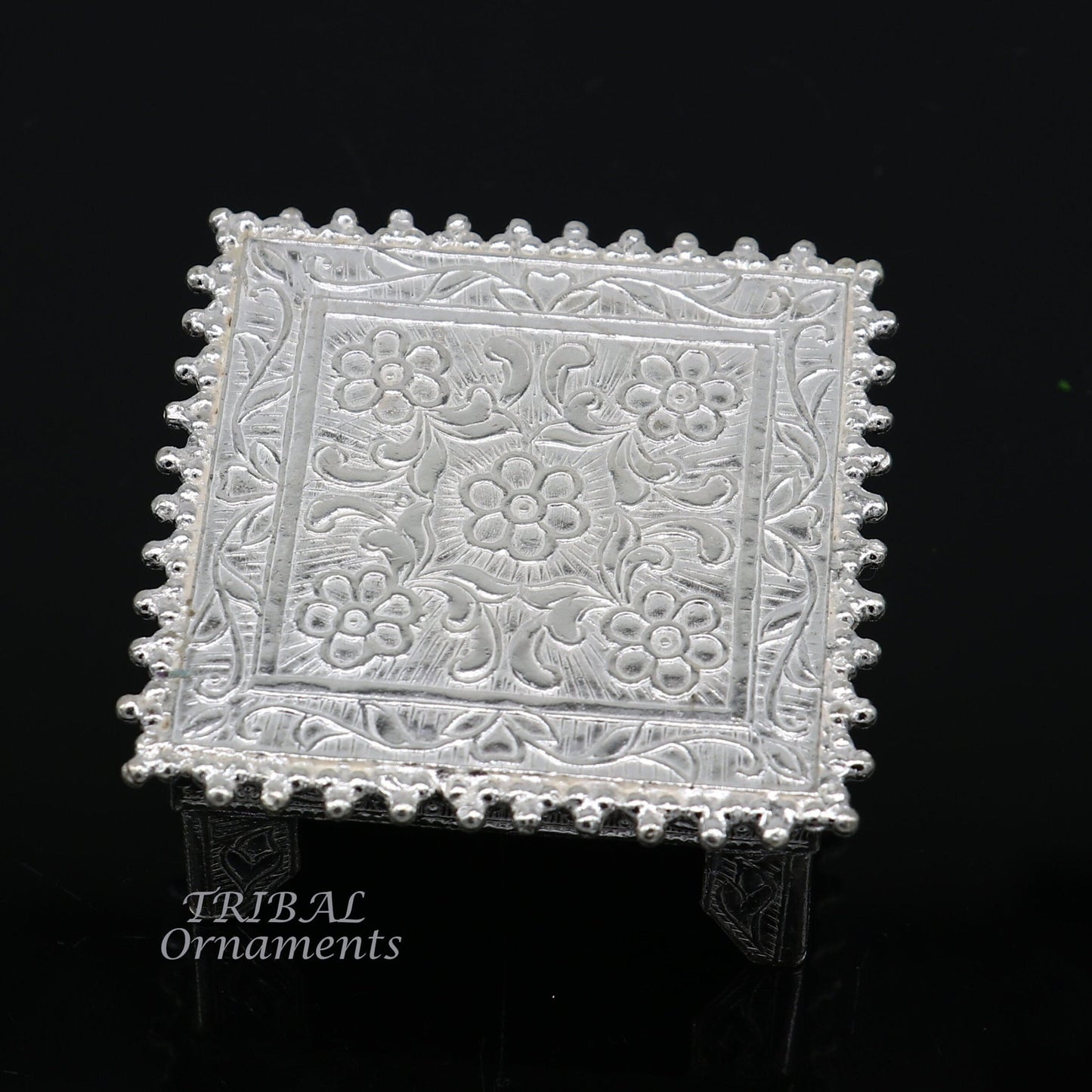 Vintage sterling silver small square table bazot by TribalOrnaments, handcrafted puja utensil for home temple decor.