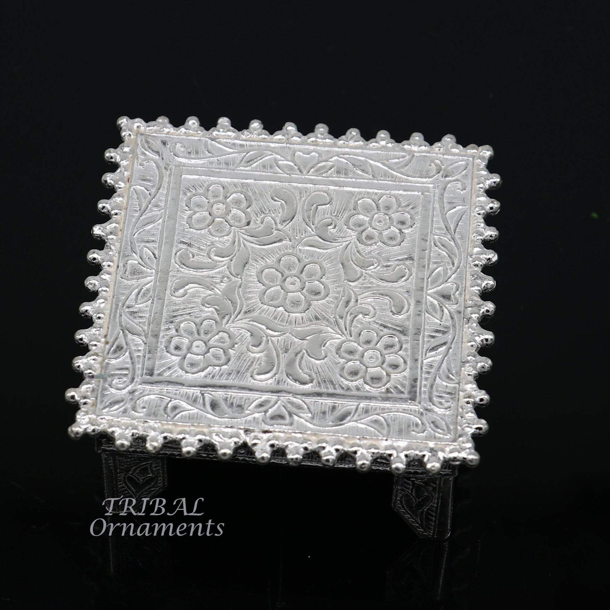 Vintage sterling silver small square table bazot by TribalOrnaments, handcrafted puja utensil for home temple decor.