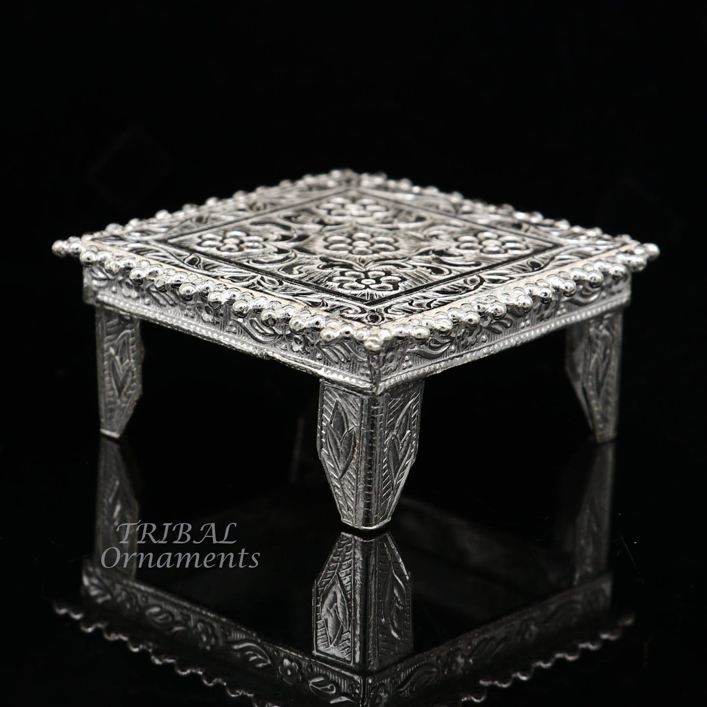 Vintage sterling silver small square table bazot, handmade tribal ornaments home puja utensil, temple art for religious rituals.