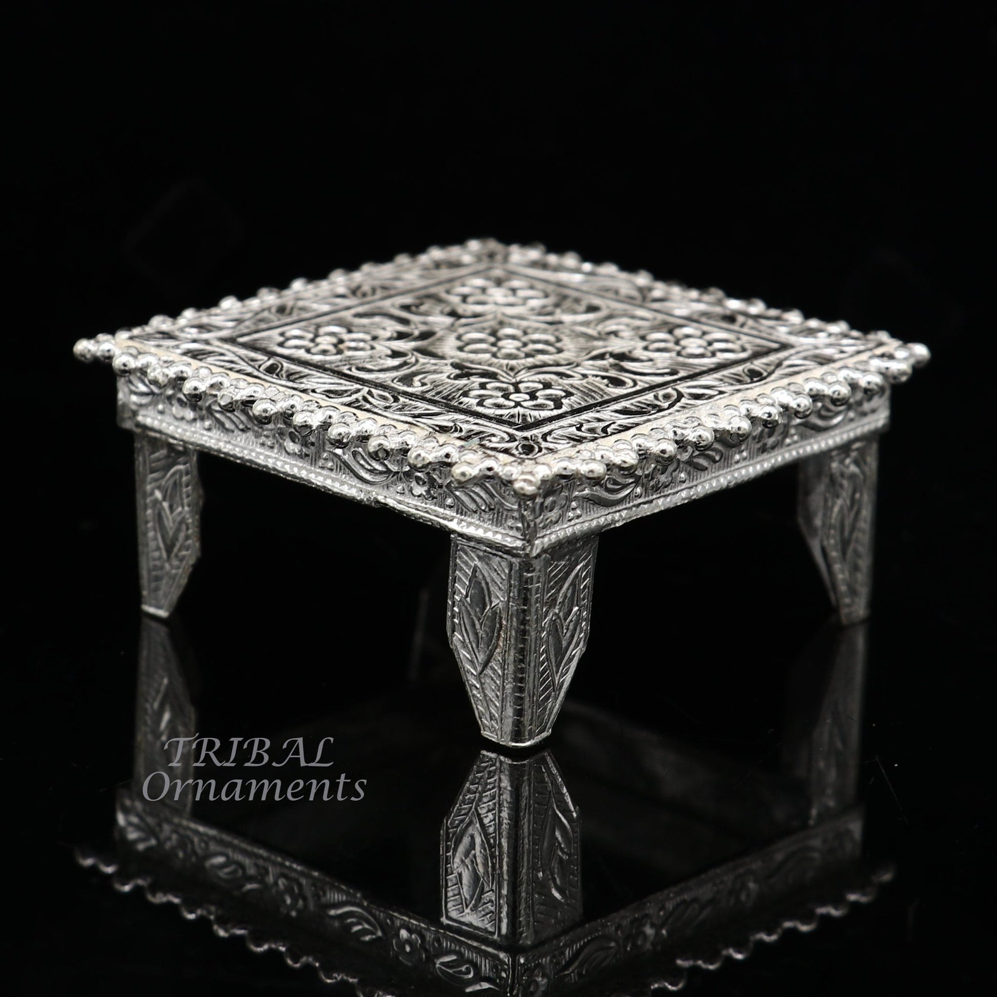 Vintage sterling silver small square table bazot, handmade tribal ornaments home puja utensil, temple art for religious rituals.