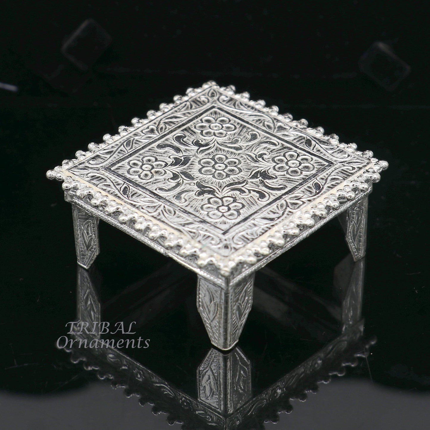 Sterling silver handmade small square table chouki with vintage design, ideal for home puja and temple rituals.
