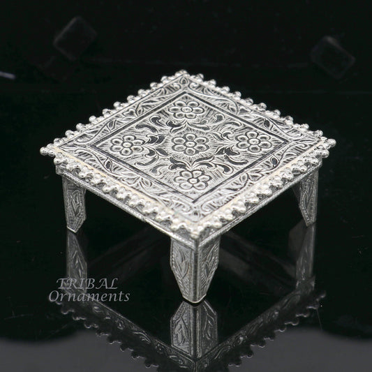 Sterling silver handmade small square table chouki with vintage design, ideal for home puja and temple rituals.