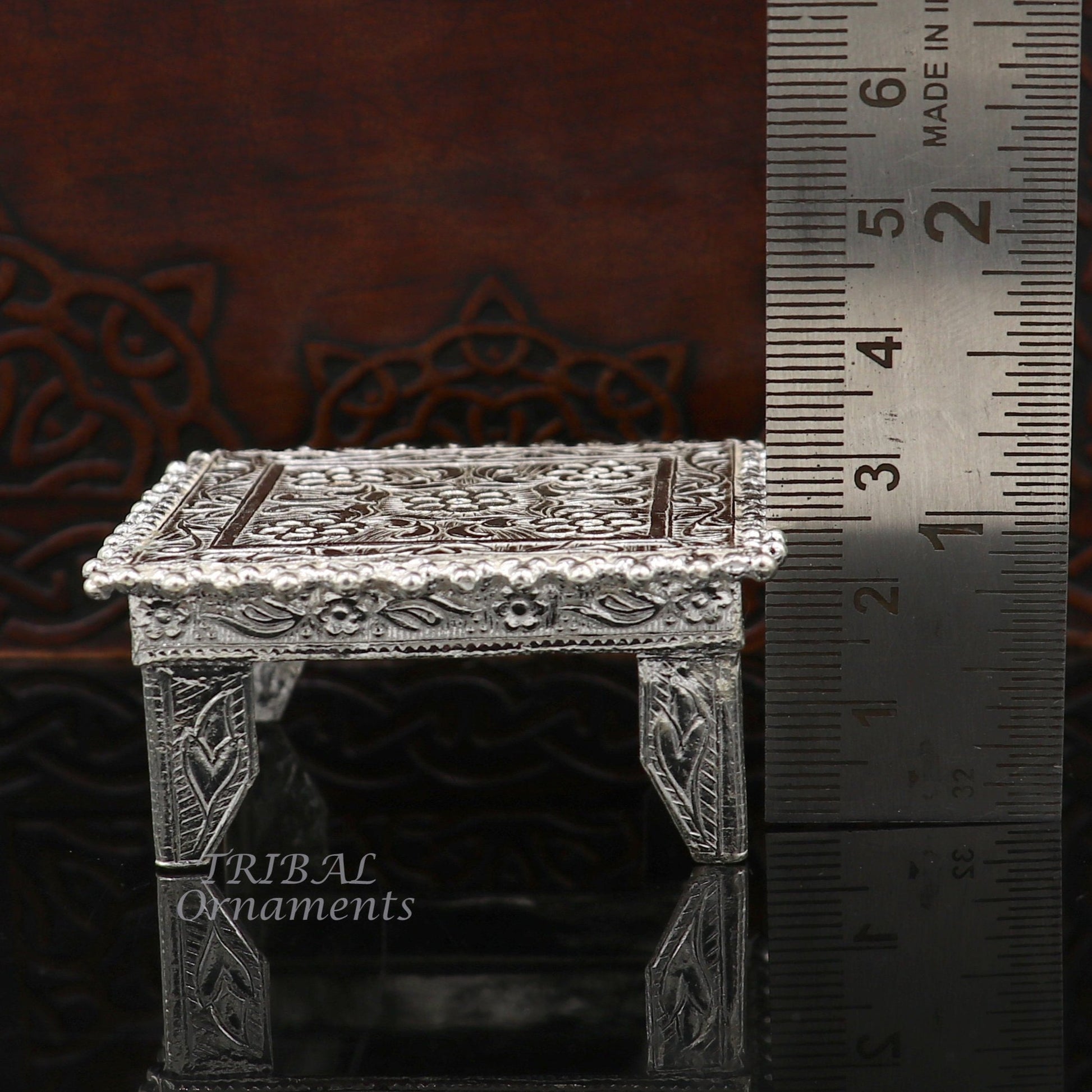 Vintage sterling silver handmade small square table bazot for puja, crafted by TribalOrnaments, ideal for home temple decor.