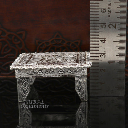 Vintage sterling silver handmade small square table bazot for puja, crafted by TribalOrnaments, ideal for home temple decor.