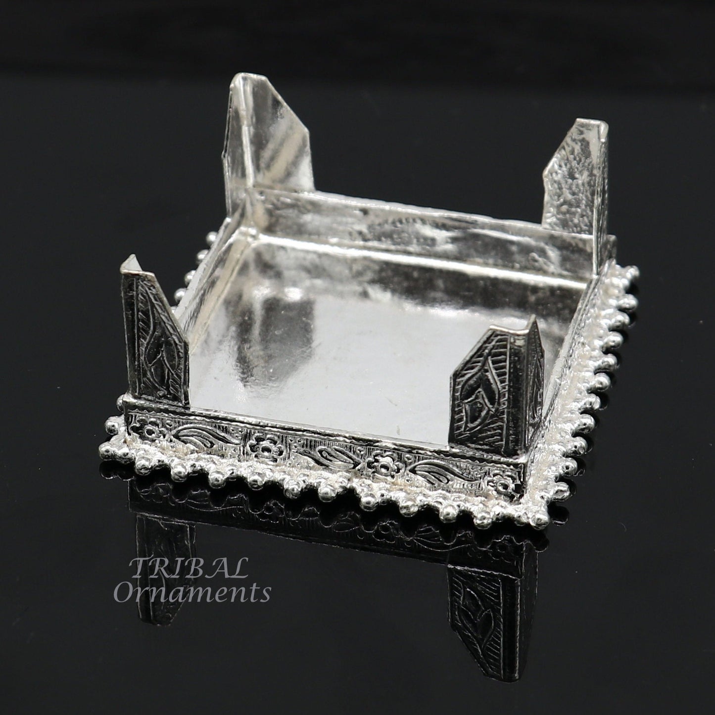 Vintage sterling silver handmade small square table bazot or chouki, traditional home puja utensil with tribal design.