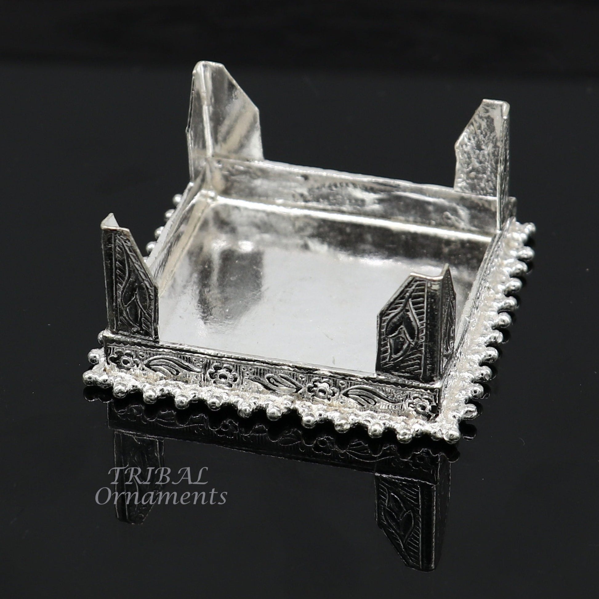 Vintage sterling silver handmade small square table bazot or chouki, traditional home puja utensil with tribal design.