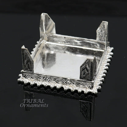 Vintage sterling silver handmade small square table bazot or chouki, traditional home puja utensil with tribal design.
