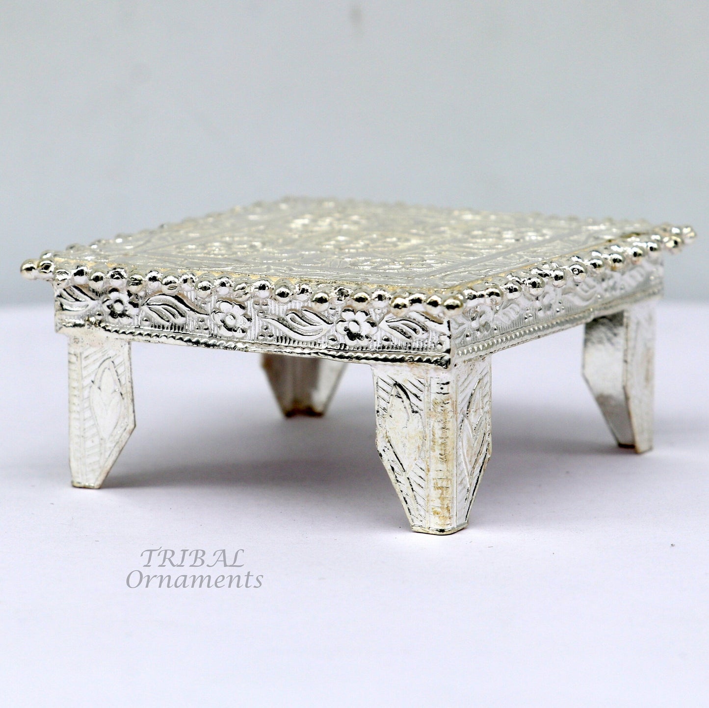 Sterling silver handmade small square table bazot or chouki with vintage design, ideal for home puja and temple decor.