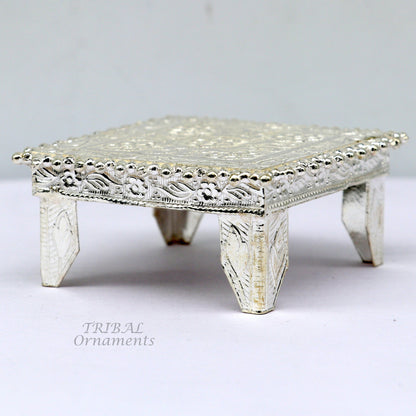 Sterling silver handmade small square table bazot or chouki with vintage design, ideal for home puja and temple decor.