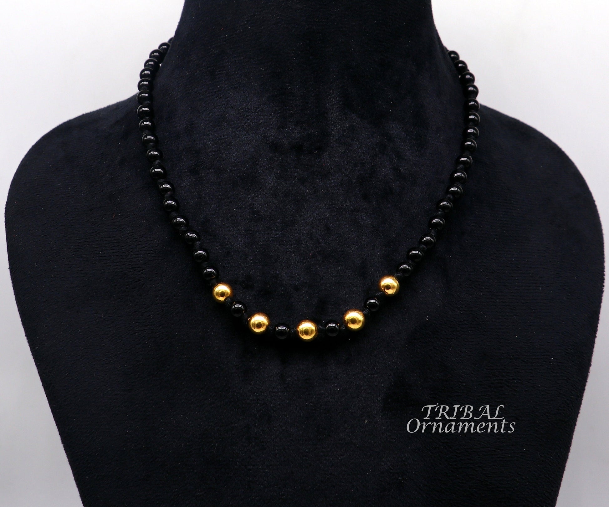 22kt yellow gold handmade wax beads and black beaded adjustable necklace, amazing single line choker for brides or girl's  set91 - TRIBAL ORNAMENTS