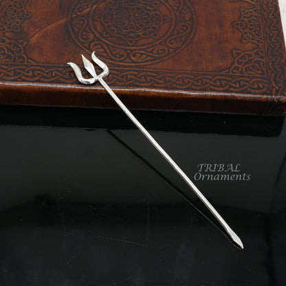 6-inch sterling silver Divine Lord Trident, TribalOrnaments goddess trishul, traditional Puja accessory, detailed Indian god ornament