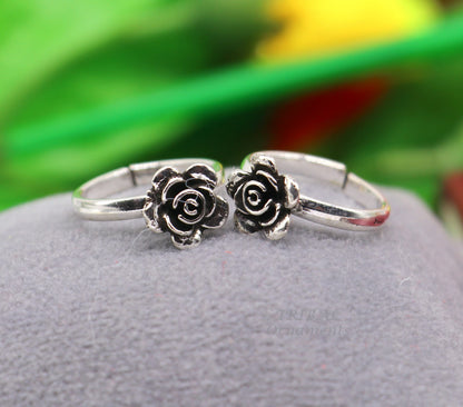 Sterling silver handmade toe ring with a rose flower design, tribal and vintage style jewelry, perfect for brides and ethnic dance wear