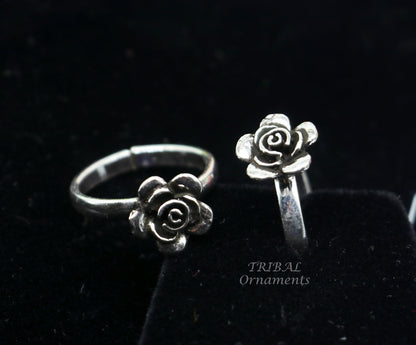 925 sterling silver handmade toe ring with rose flower design, tribal belly dance vintage style ethnic brides jewelry.