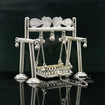 925 Sterling silver handmade Bal Gopala Krishna swing, detailed child Krishna jhula with intricate silver art design.