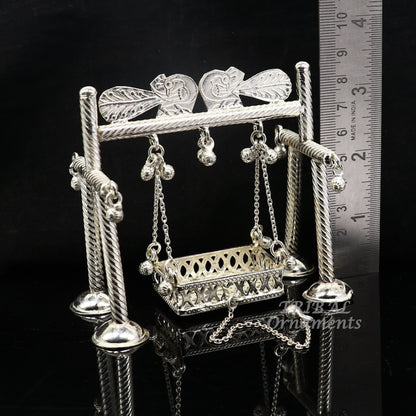 Handmade 925 sterling silver Bal Gopala swing featuring Little Krishna, intricate silver art, ideal for child Krishna palana.