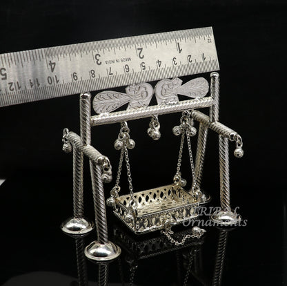 925 Sterling silver handmade Bal Gopala baby Krishna swing with detailed silver art, perfect for child Krishna palana.