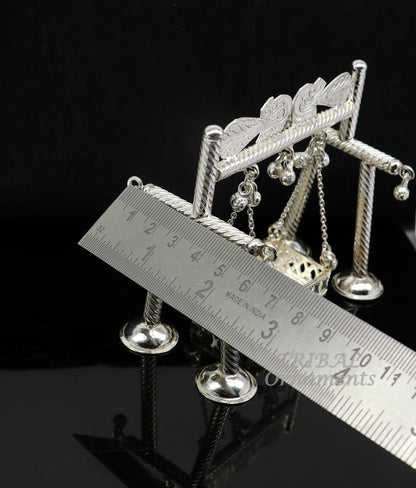 Handmade 925 sterling silver Bal Gopala Krishna swing with intricate detailing, designed for children and devotional use.