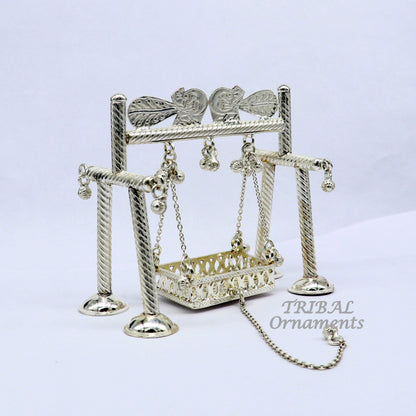 925 Sterling silver handmade Bal Gopala jhula with Little Krishna swing, detailed silver art for child Krishna palana, TribalOrnaments.