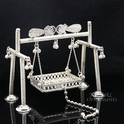 Sterling silver handmade Bal Gopala Krishna swing with intricate details, designed for children or religious display, by TribalOrnaments.