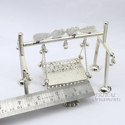 925 Sterling silver handmade Bal Gopala jhula with Little Krishna swing, detailed silver art for child Krishna palana, Laddu Gopal jhula