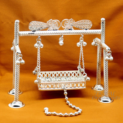 925 Sterling silver handmade Bal Gopala jhula featuring Little Krishna swing, detailed silver art for child Krishna palana.
