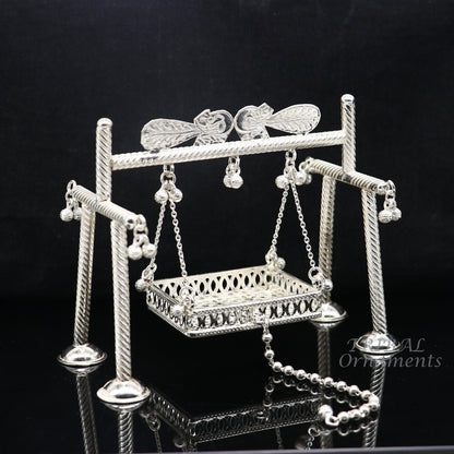 925 Sterling silver handmade Bal Gopala Krishna swing, detailed child Krishna jhula with intricate silver craftsmanship.