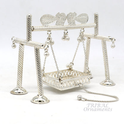 Handmade 925 silver Bal Gopala Krishna swing pendant, detailed silver art featuring Laddu Gopal in a child Krishna pose.
