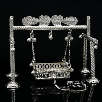 925 Sterling silver handmade Bal Gopala swing featuring Little Krishna, child Krishna palana, intricate silver art display.