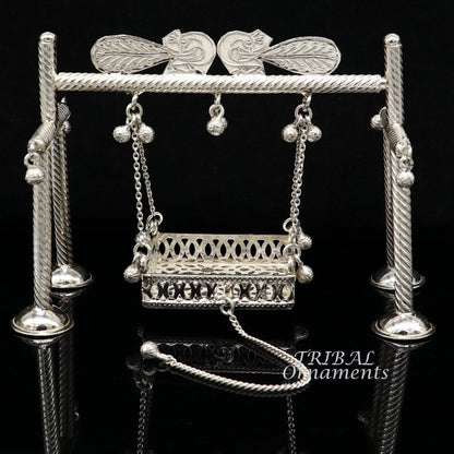 925 Sterling silver handmade Bal Gopala jhula featuring Little Krishna swing, child Krishna palana, silver Laddu Gopal art.