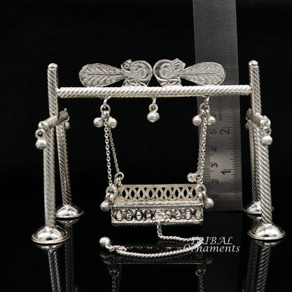 925 Sterling silver handmade Bal Gopala jhula depicting Little Krishna on a swing, detailed silver art for laddu Gopal or child Krishna.