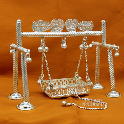 925 Sterling silver handmade Bal Gopala swing featuring Little Krishna, detailed silver art with child Krishna palana and Laddu Gopal design.