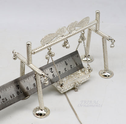 925 Sterling silver handmade Bal Gopala jhula, Little Krishna swing with detailed silver craftsmanship and child Krishna figure.