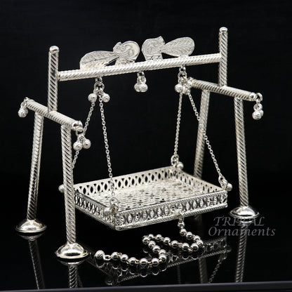 925 Sterling silver handmade Bal Gopala swing featuring Little Krishna, detailed silver art with Laddu Gopala design