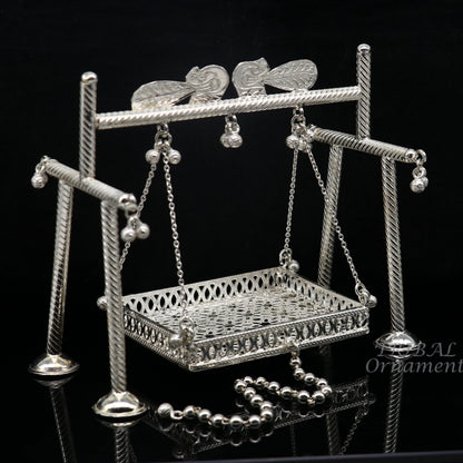925 Sterling silver handmade Bal Gopala Krishna swing, intricate child Krishna palana art with detailed silver design.
