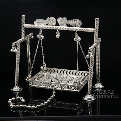 925 Sterling silver handmade Bal Gopala swing featuring Little Krishna, detailed silver art depicting child Krishna palana.