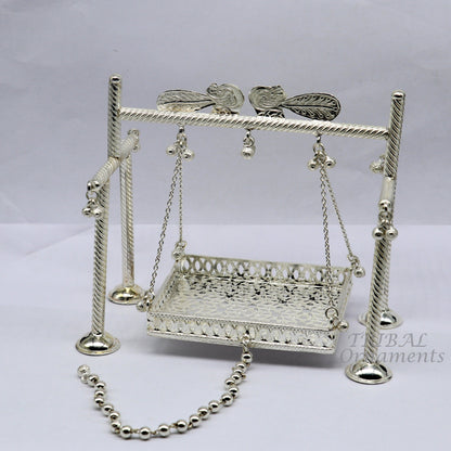 925 Sterling silver handmade Bal Gopala jhula with Little Krishna swing, detailed silver art depicting child Krishna on a swing.