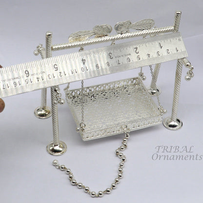 925 Sterling silver handmade Bal Gopala swing featuring Little Krishna, detailed silver art for child Krishna palana and Laddu Gopala jhula.