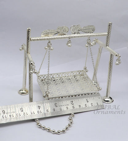 925 Sterling silver handmade Bal Gopala jhula depicting Little Krishna on a swing, detailed silver art of child Krishna palana.