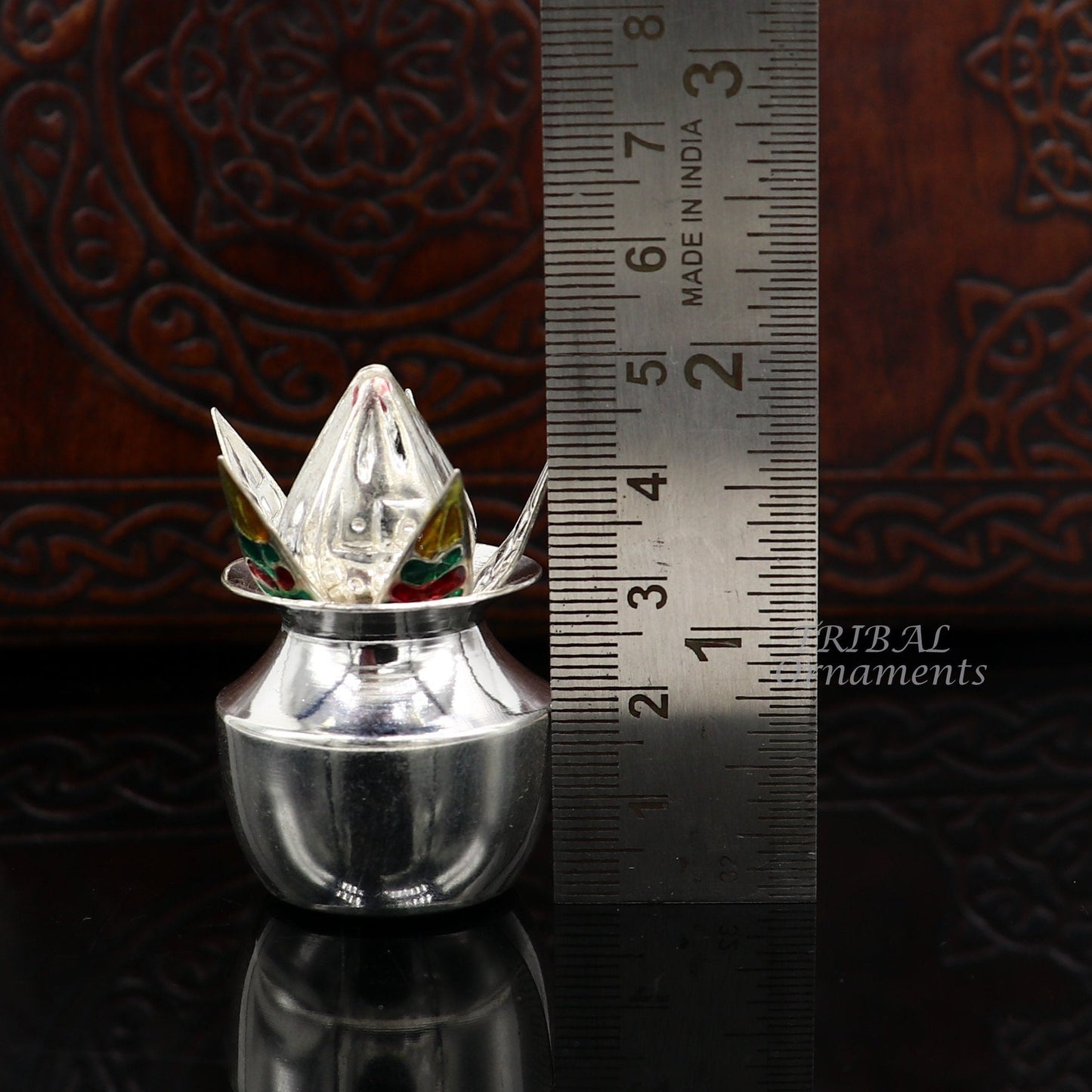 925 Sterling silver handmade gorgeous coconut with betel leaf puja kalash, best worshipping utensils, silver article puja art temple su947 - TRIBAL ORNAMENTS