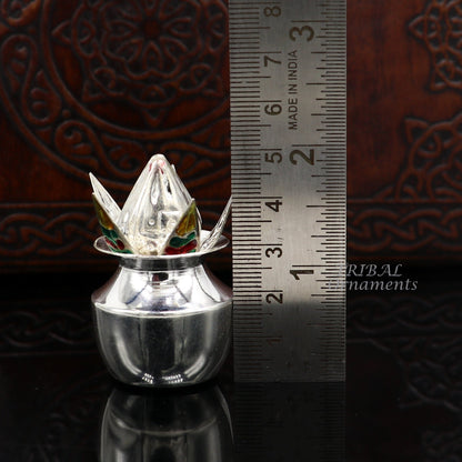 925 Sterling silver handmade coconut and betel leaf puja kalash, traditional worshipping utensils for religious rituals.