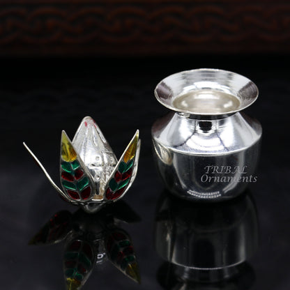 Sterling silver handmade coconut with betel leaf puja kalash, traditional worship utensil from TribalOrnaments.