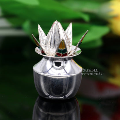 Sterling silver handmade coconut with betel leaf puja kalash, traditional worship utensil from TribalOrnaments.