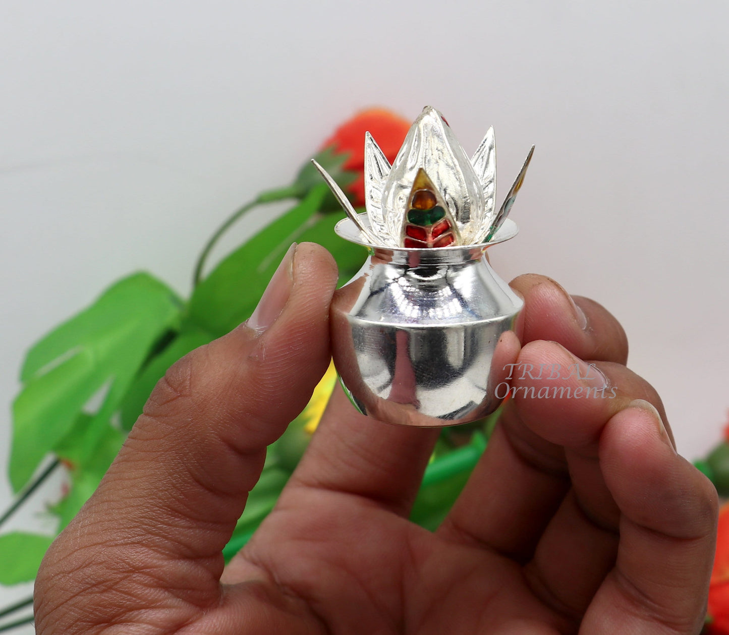 925 Sterling silver handmade gorgeous coconut with betel leaf puja kalash, best worshipping utensils, silver article puja art temple su947 - TRIBAL ORNAMENTS